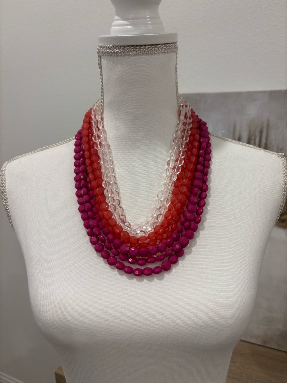 Multi-Strand Pink, Red & Clear Beaded Necklace